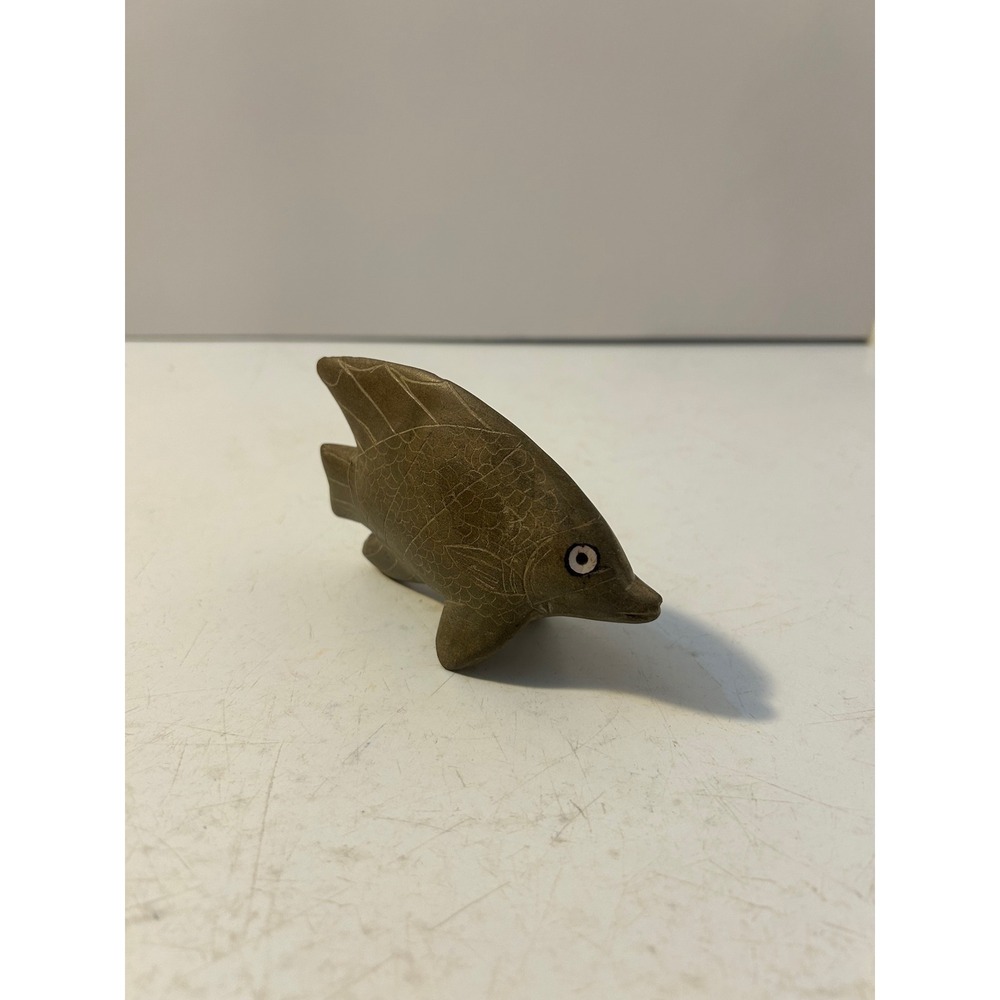 Vintage Hand Carved Soapstone Fish Figurine Etched Stone Animal Sculpture Green